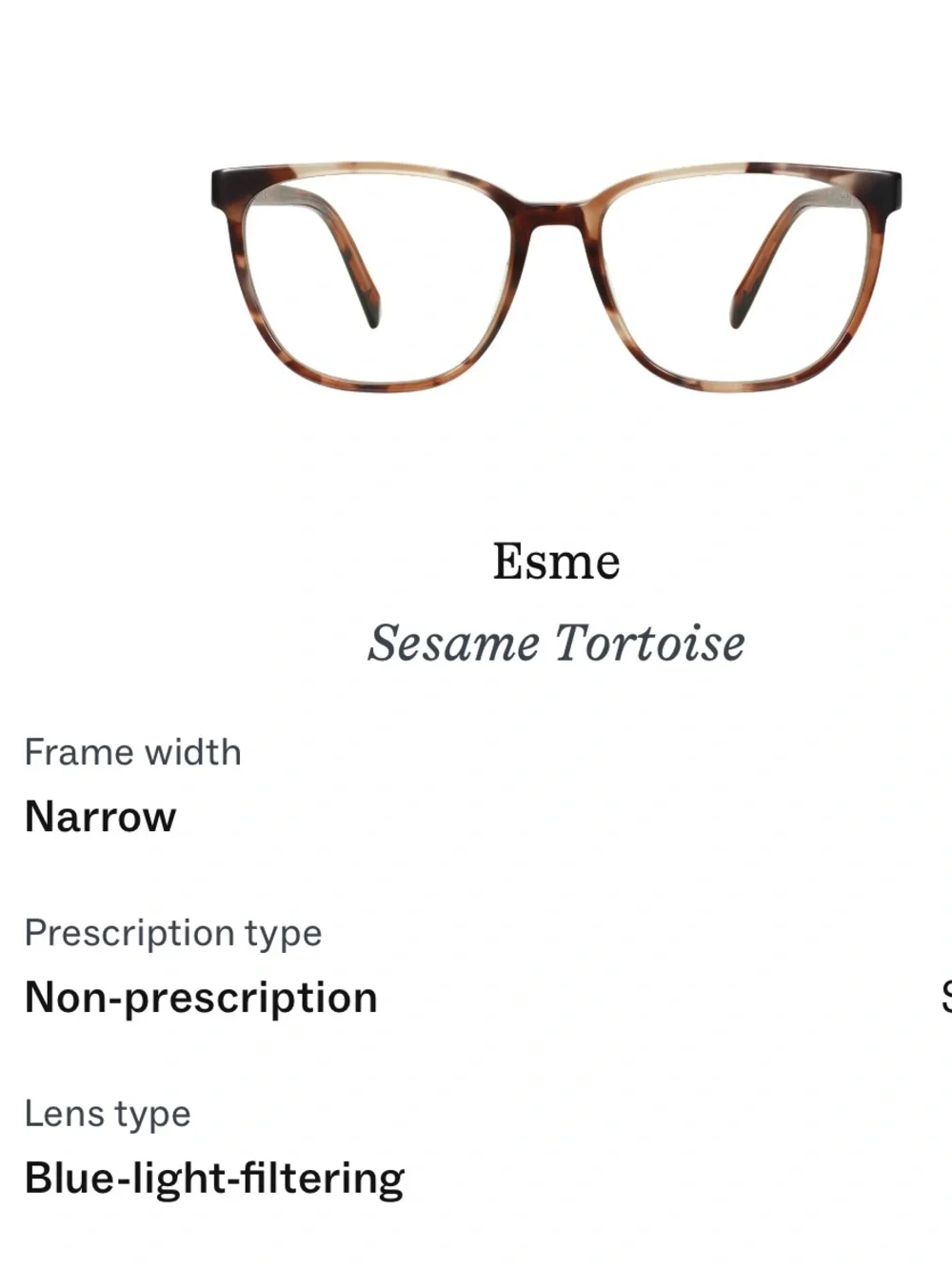 NWOT Warby Parker Esme Sesame Tortoise Narrow Blue Light Glasses